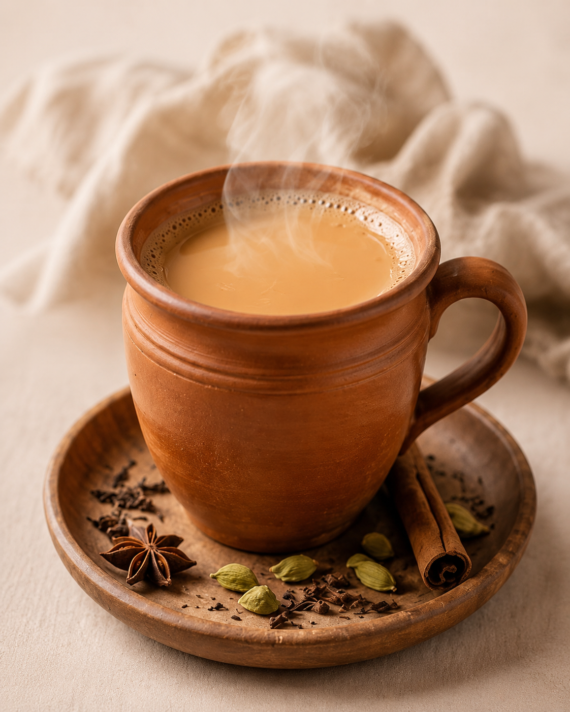 Steaming milk masala tea served in a clay cup