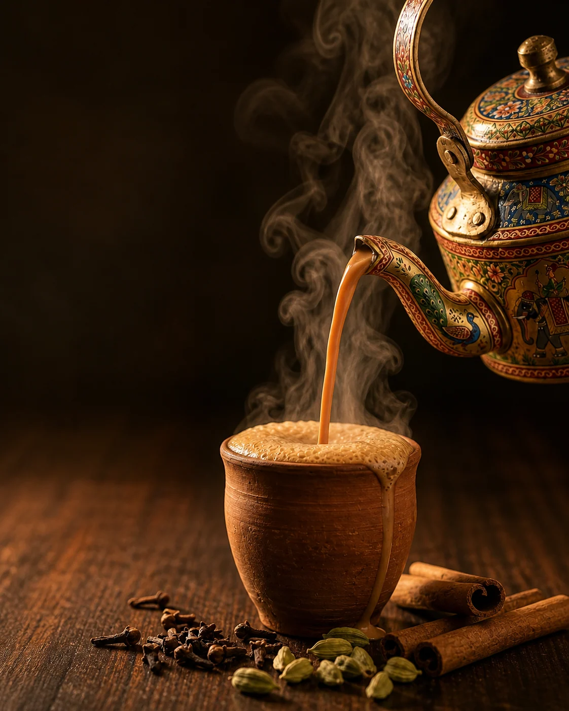 An ornate painted kettle pouring steaming masala chiya into a clay cup