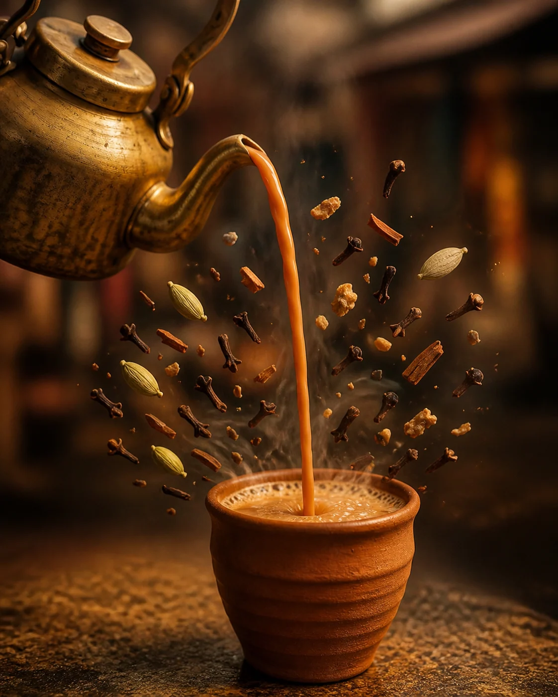 A brass kettle pouring masala chiya through cardamom and cloves into a clay cup